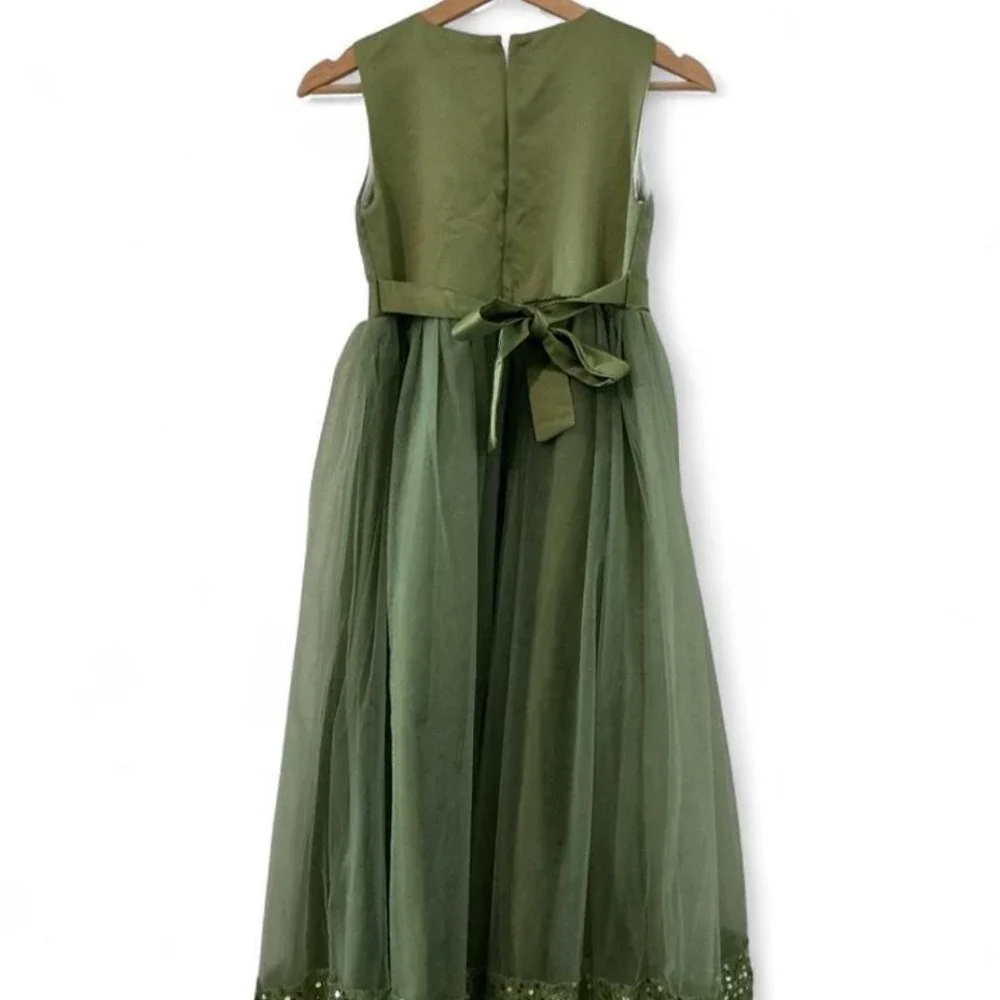 Unbranded Formal Gown Kids 10-12 yrs Sage Green Wedding Sequin Tulle Bow Dress - Picture 2 of 8